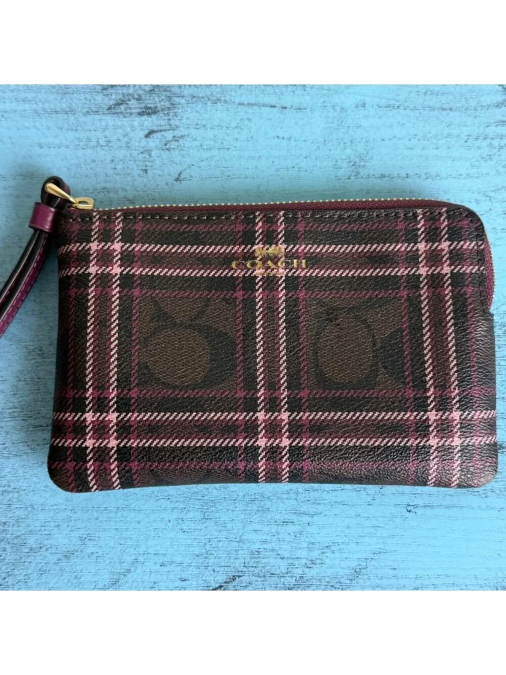 COACH Plaid Wristlet Clutch w/ Signature Logo Print In Burgundy & Pink